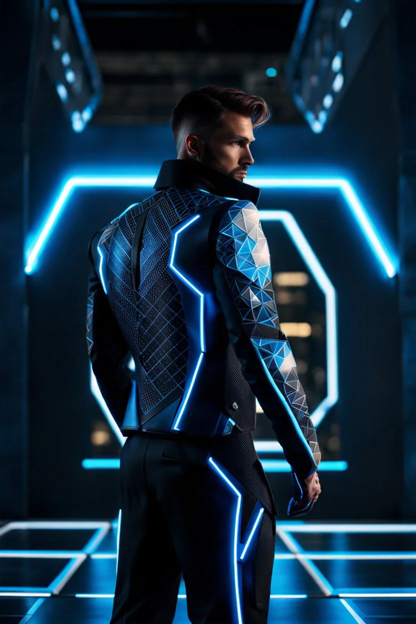 cyberpunk, neon blue, triangle of light behind the back, cyber suit, geometric patterns on a suit, male