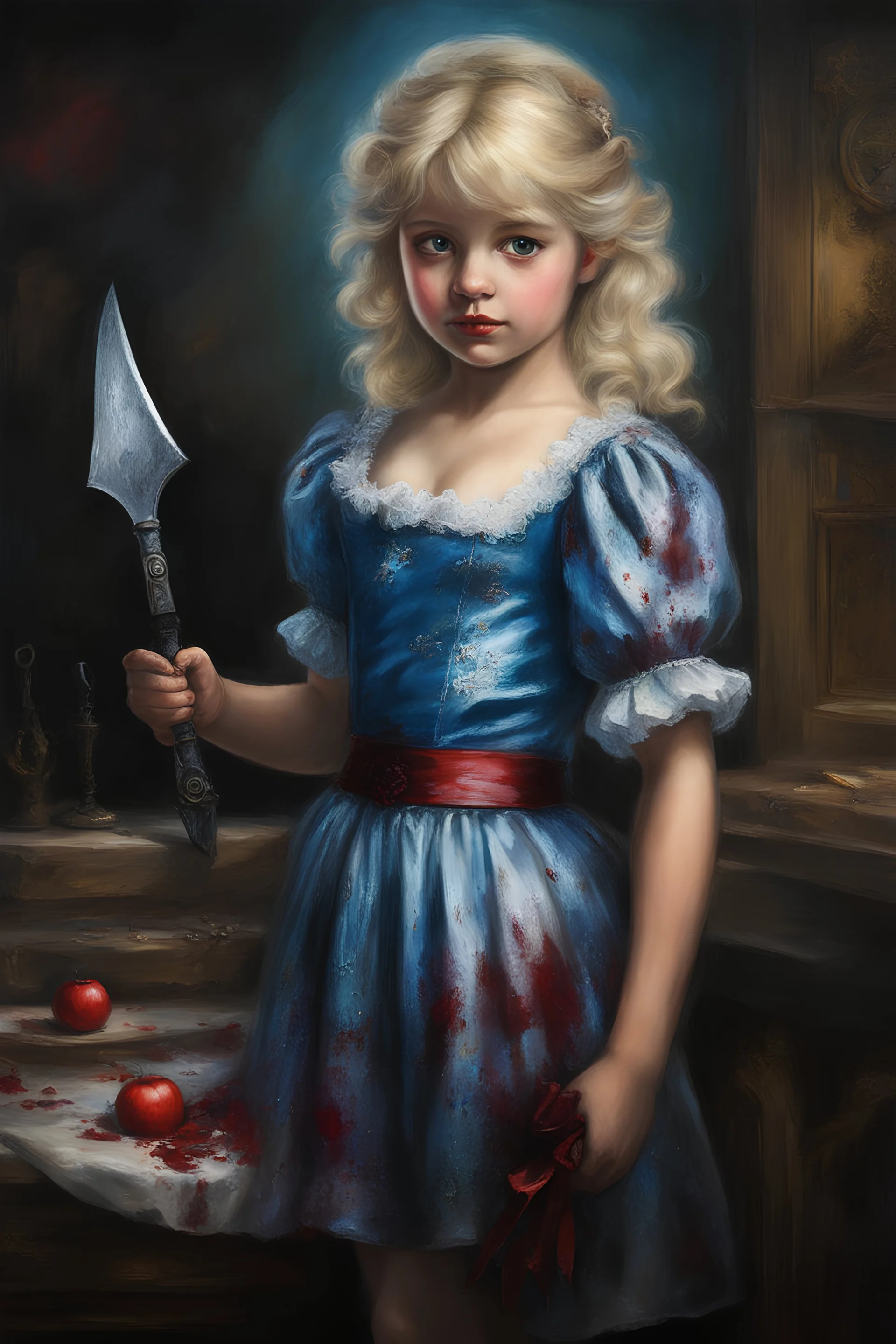 full body image, head to toe, chiaroscuro, deep shadows, rich deep colors, Iridescent light, highly detailed portrait, Oil on Canvas by Thomas Kinkade - The Evil, homicidal13-year-old Cinderella with Bleach-blonde hair holding a bloody cleaver - 4k UHD, Ultra-realistic, Hyper realistic, Photorealistic, Realistic, absolute Reality