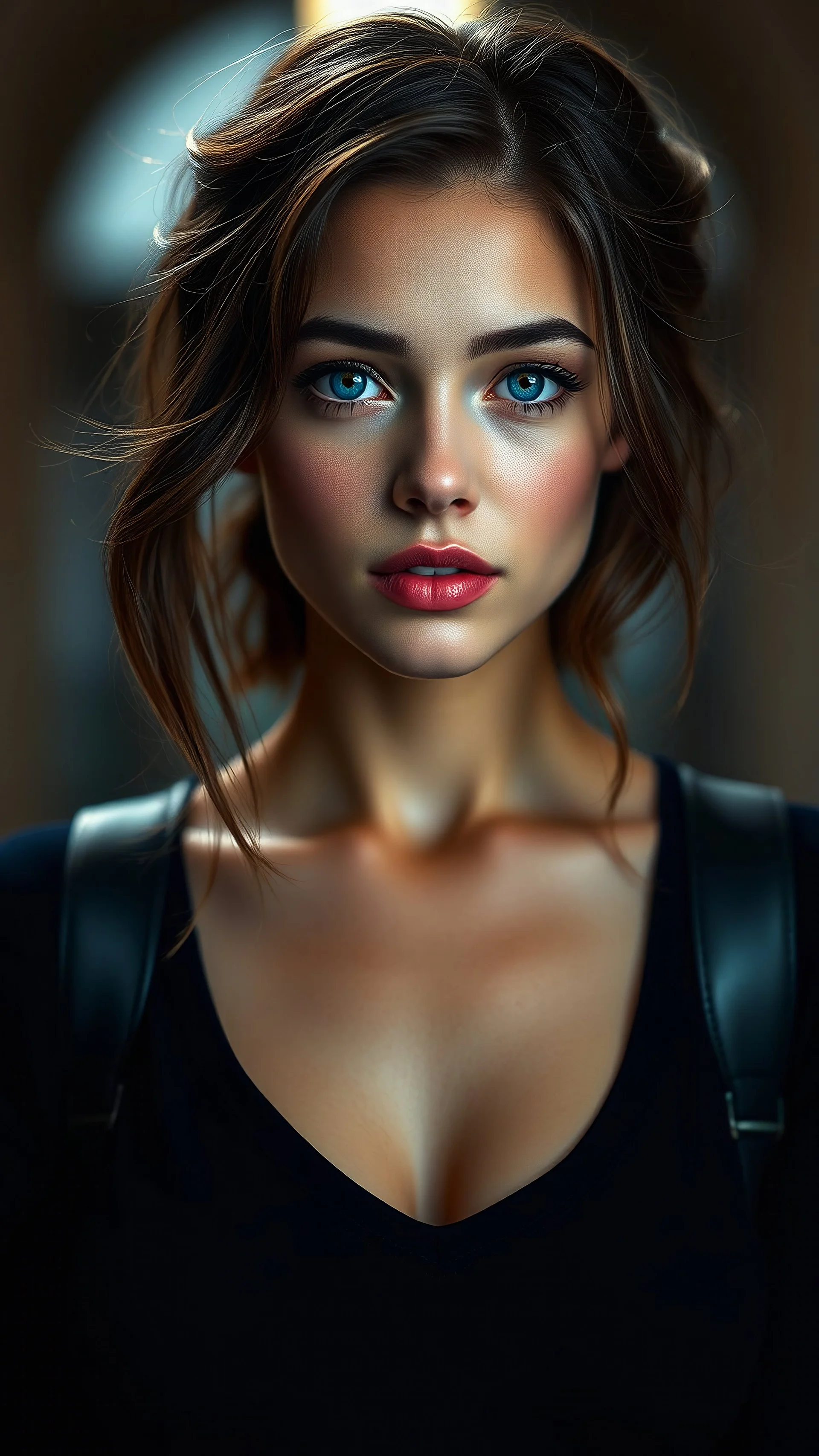 blue eye women, college, style, light, Hyper realistic . A unrealistic Beautiful girl. , Detailed skkin. big Detailed lips. Bright Shining skin.. . High detail. Photor. 8k. Visually stunning. Only one Light source. Symmetrical. smirk skirt, european