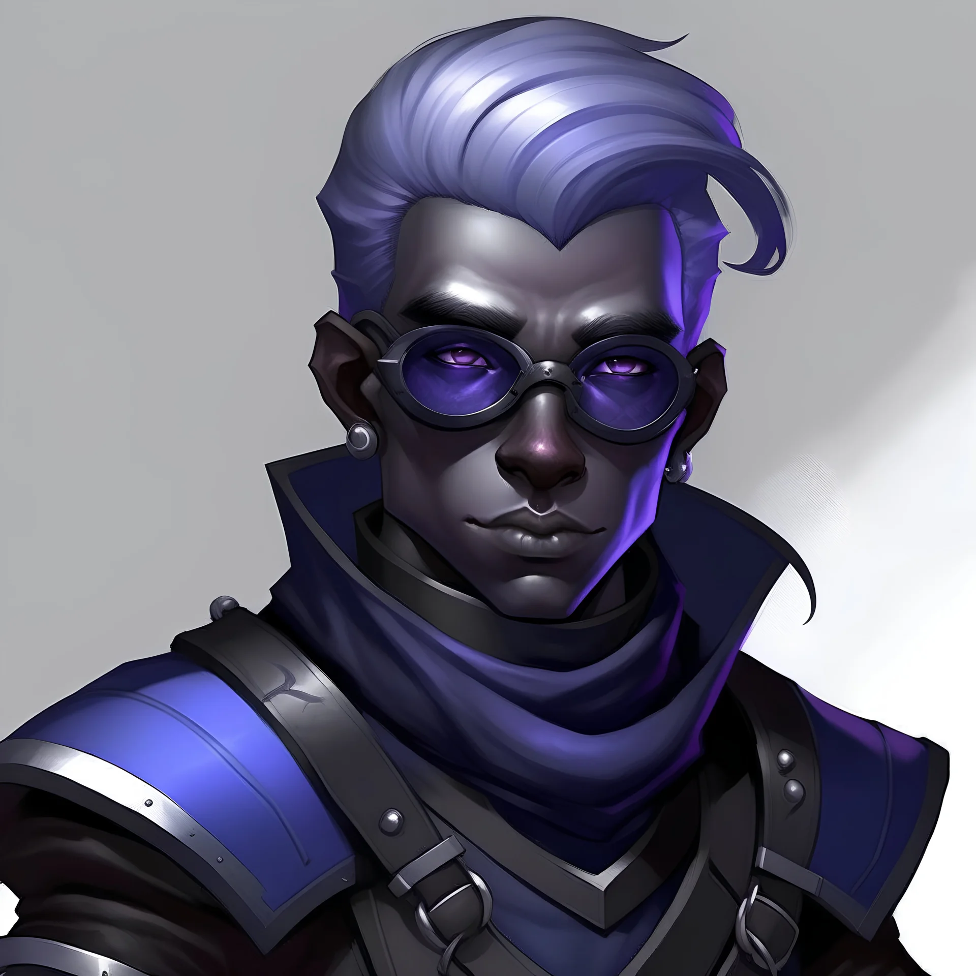 Generate a dungeons and dragons character of the face and torso of a young, male Drow (dark Elf), young, dark purple white skin with a hint of blue. hair should be short, white. dark black cloth and dark purple and black leather armor. wearing round goggles to block sunlight. slight gray in the back ground. slight smile. short hair tied back pointed ears thin lips.