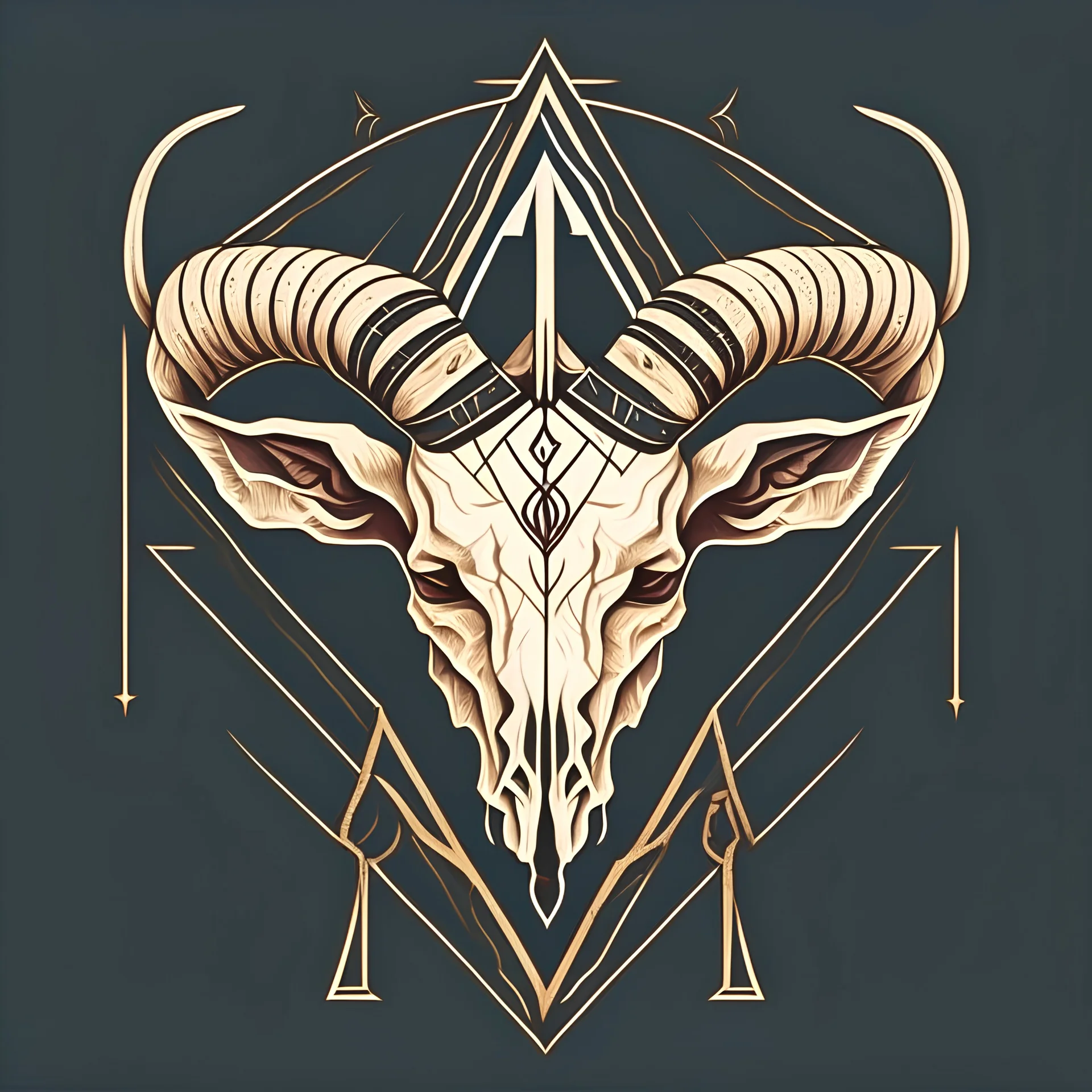 Create a vector style illustration of a goat skeleton with buffalo horns and a triangle with a mystical style eye on its forehead.