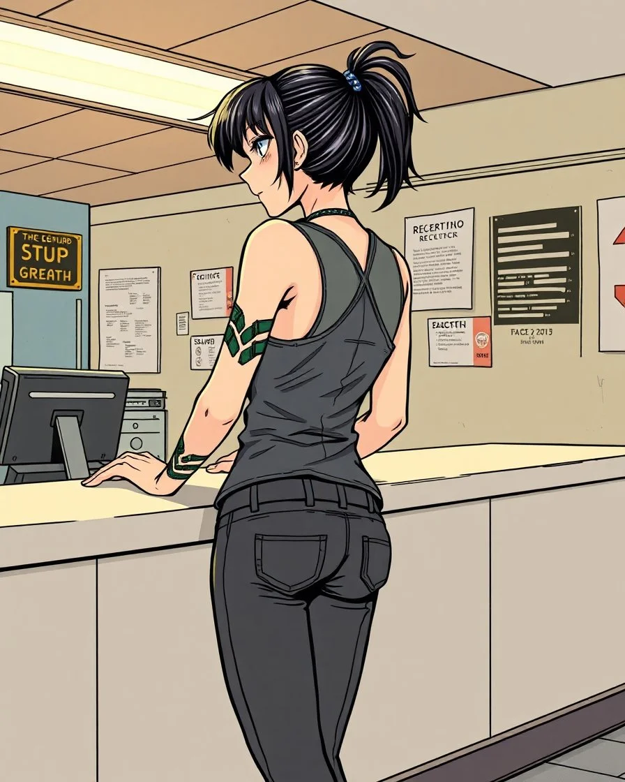 tank-girl punk emo girl hands on counter and leaning backward away from a reception desk, side view, graphic novel