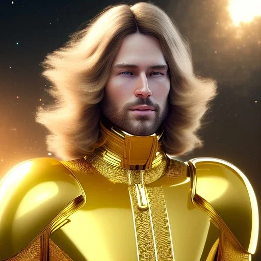 beautiful cosmic golden male, long hair, nice smiling, delicate colors, beautiful glamour galactic golden dress, ultra sharp focus, 8k, unreal engine 5, extremely sharp detail, light effect, soft light atmosphere of a spaceship, smooth, full of details, face in front, complete vision of face and body