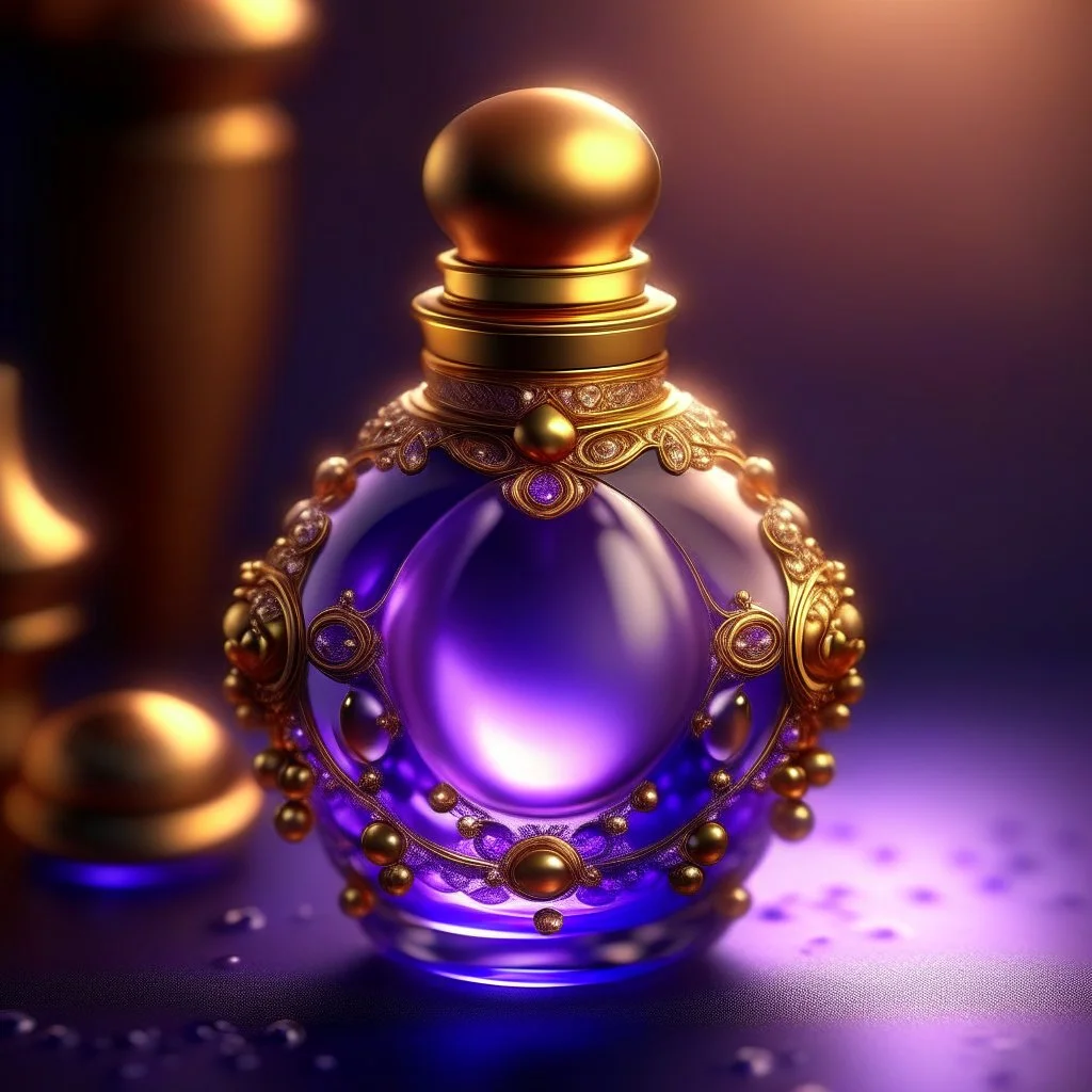 Golden round perfume bottle with purple crystal cap and small purple decorations. Illustrative art, art interpretation, concept art, cgsociety contest winner, seasonal art, seasonal art HD, 4k, 8k, intricate, detailed, intricately detailed, luminous, translucent fantasy crystal, holographic data, soft body, shadow play, light, fog, atmospheric, cinematic, light film, hyper-detailed, hyper-realistic, masterpiece, atmospheric, high resolution, 8k, HDR, 500px, mysterious and artistic digital art, p