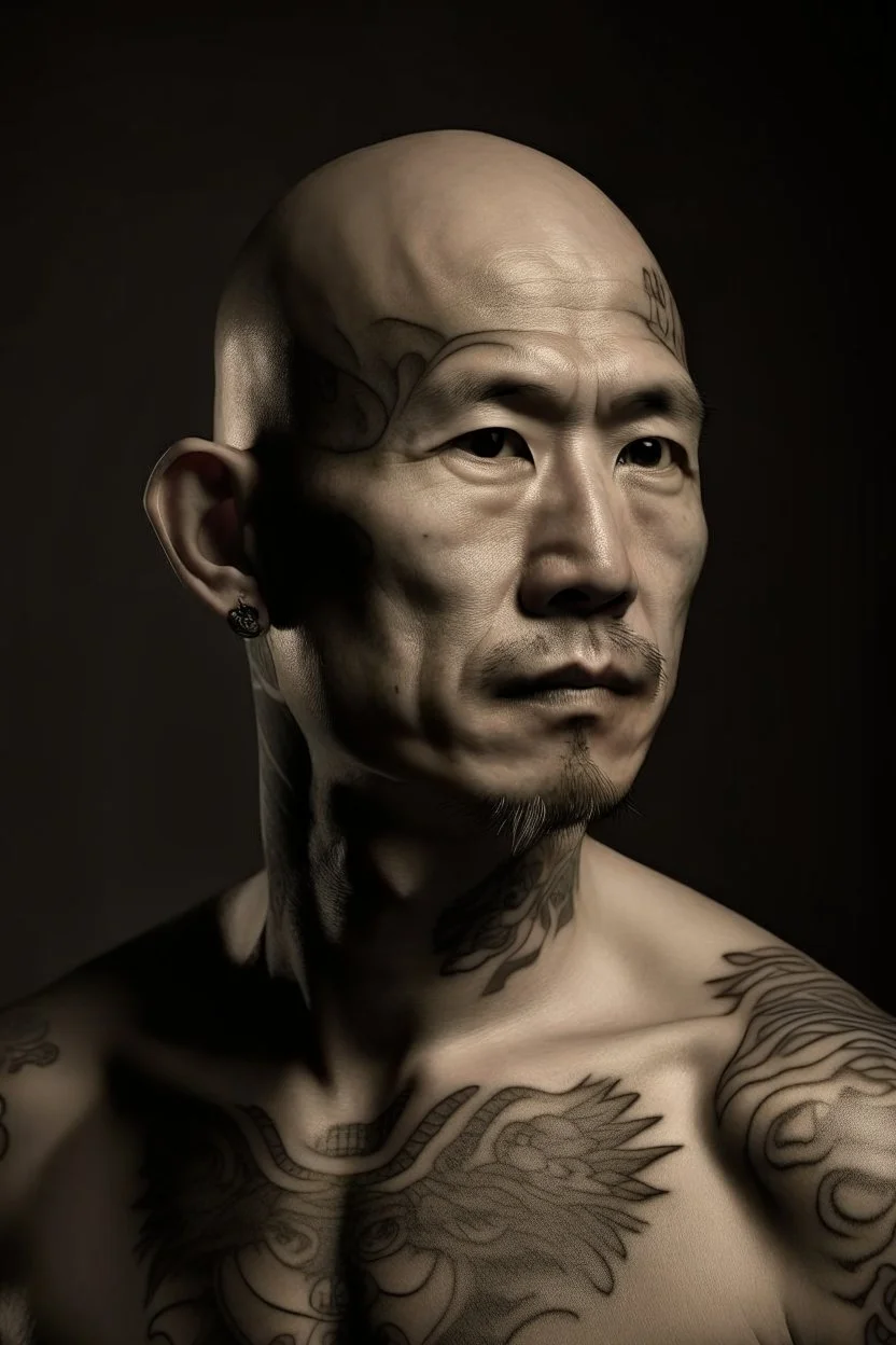 Portrait of male hunan with no hair, tatooes on his face, Frank Cho style