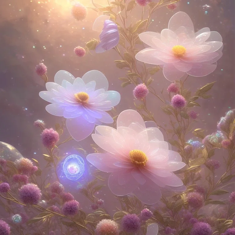 one big crystal subtle flower in a galactic ambiance with a beautiful fairy, transparent petals, delicate colors, in the foreground, full of details, smooth，soft light atmosphere, light effect，vaporwave colorful, concept art, smooth, extremely sharp detail, finely tuned detail, ultra high definition, 8 k, unreal engine 5, ultra sharp focus