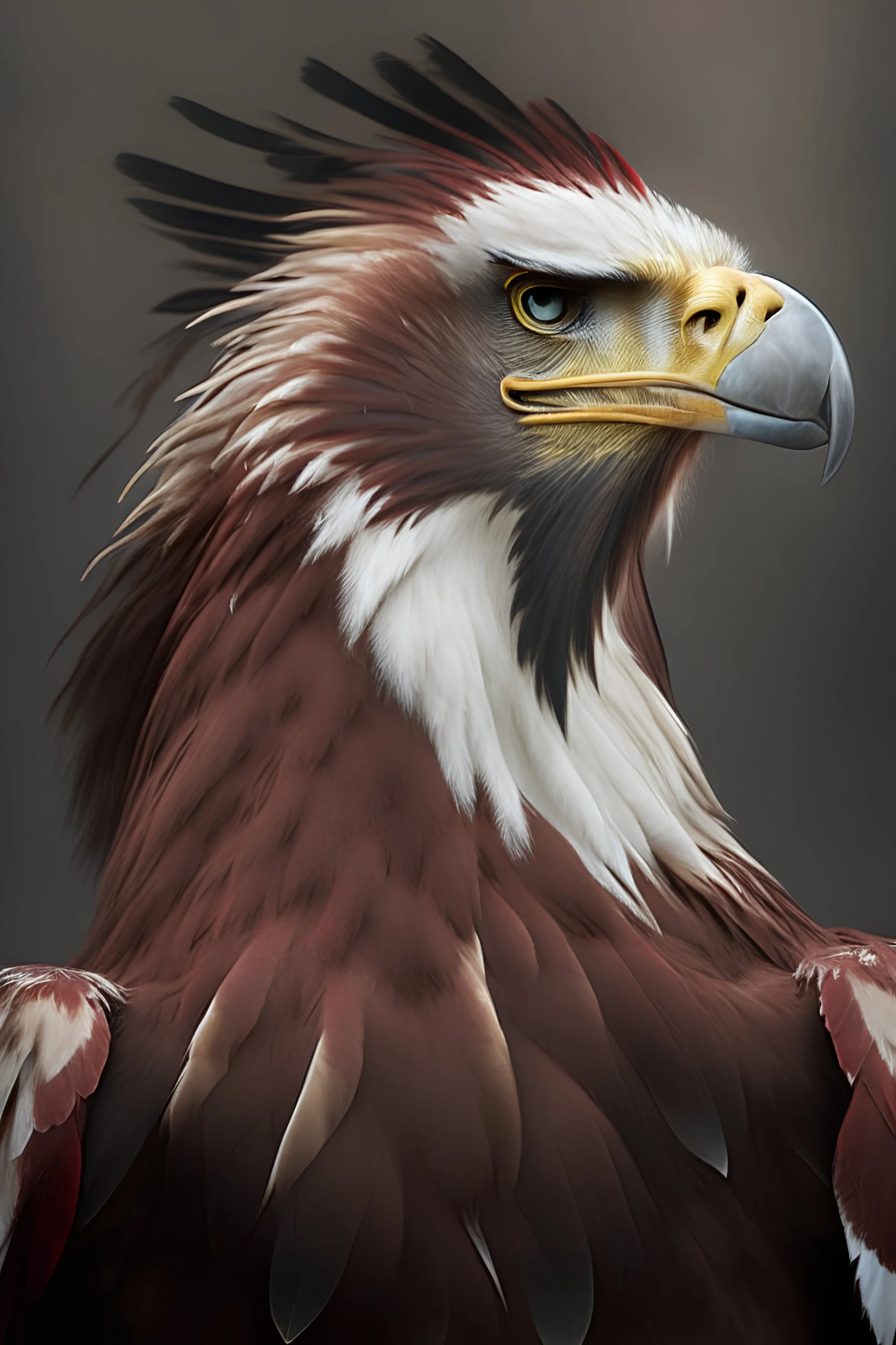 Aquilamon is giant Bald Eagle (Haliaeetus leucocephalus) with red feathers and a ruff of brown feathers at the base of it neck. Its head is adorned with two large horns and a single long feather as a crest.
