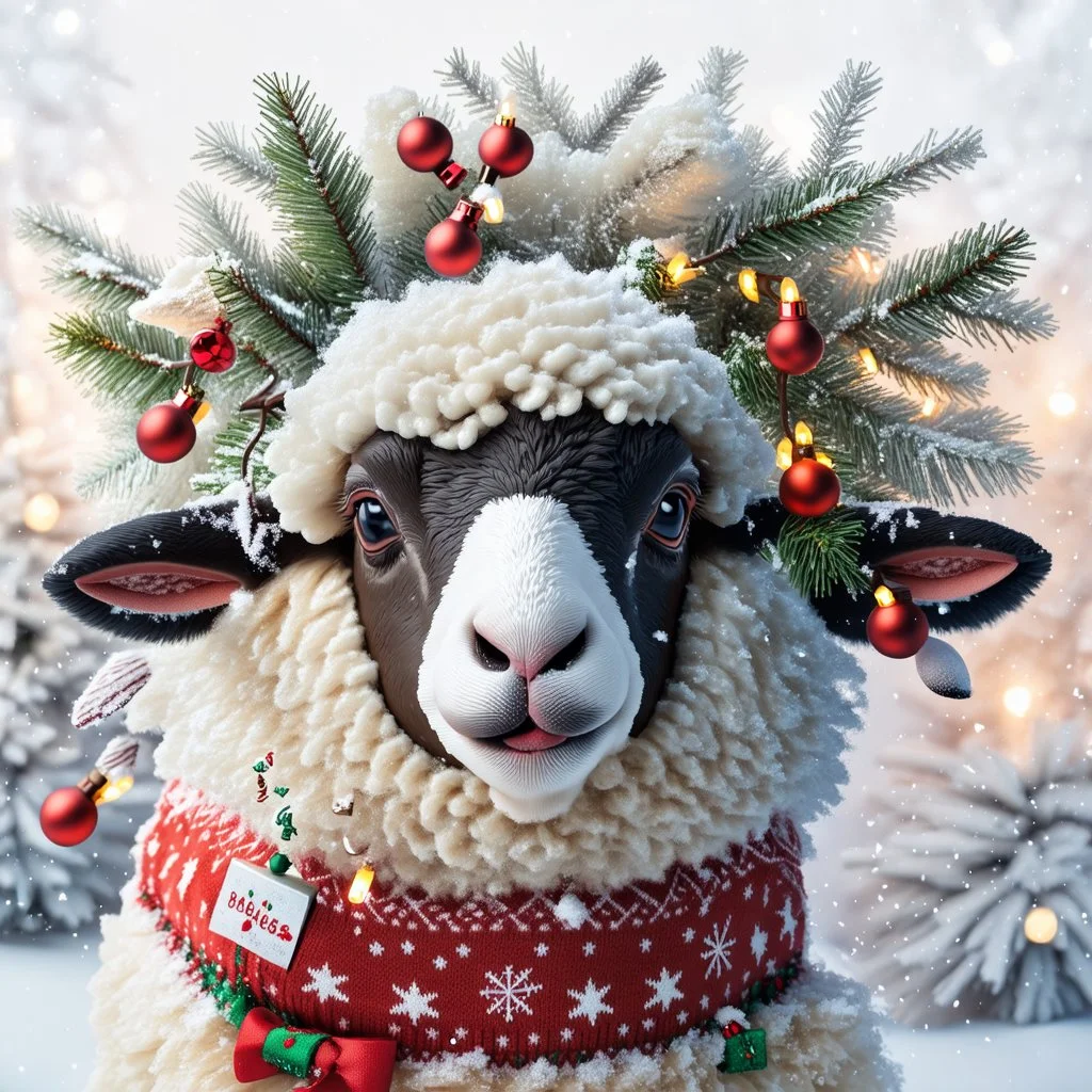 festive Whimiscial sheep in snow, with lights dressed for Christmas in holiday sweater