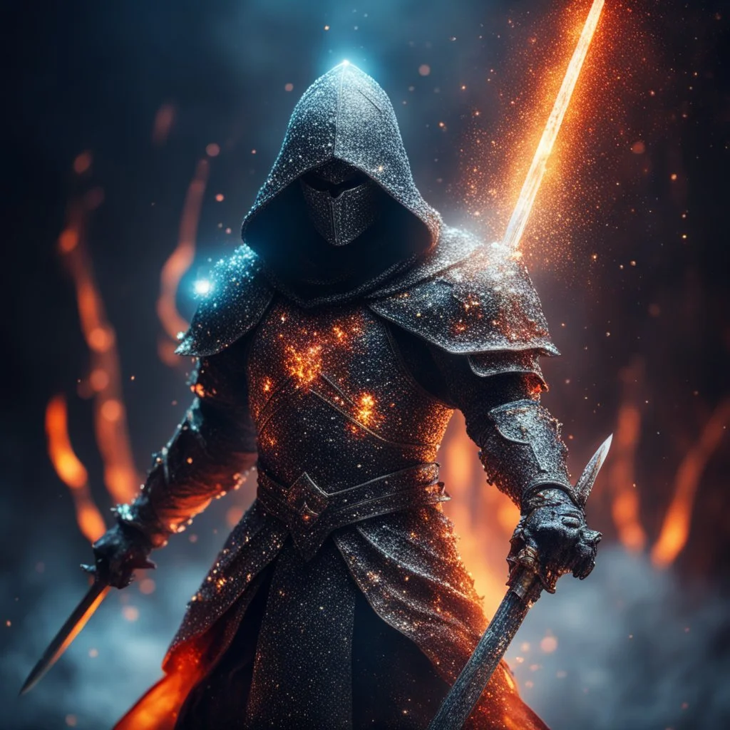 hooded marble knight with sword covered with glowing crystals, fire particles in air, bright colors, glowing sparkle particles, dark tone, sharp focus, high contrast, 8k, incredible depth, depth of field, dramatic lighting, beautifully intricate details, clean environment, epic dynamic scene