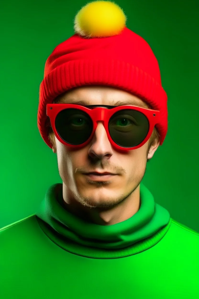 A yung caucasian shaved man with huge black sun glasses wearing a green winter hat, and a red t-shirt. Robot chicken style.