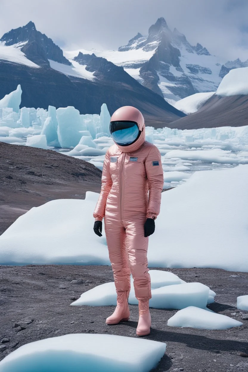 Fashion film in the icefields of Patagonia, a stunning supermodel in an incomplete Astronaut pink bronze suit discover the icefields and giant iceblocks and icebergs using stunning poses we can see her face through the glass . Supreme landscape, inticate background and a minimalist composition that creates a great megalophobia effect. Old lens, old Kodak vision filmstock, 1600 iso.