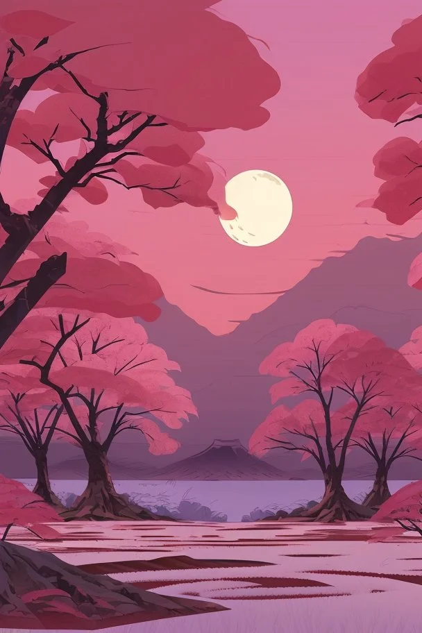 a land scape of Japanese garden, big moon, red sky in the night , surrounded by cherry blossom trees, cel shading