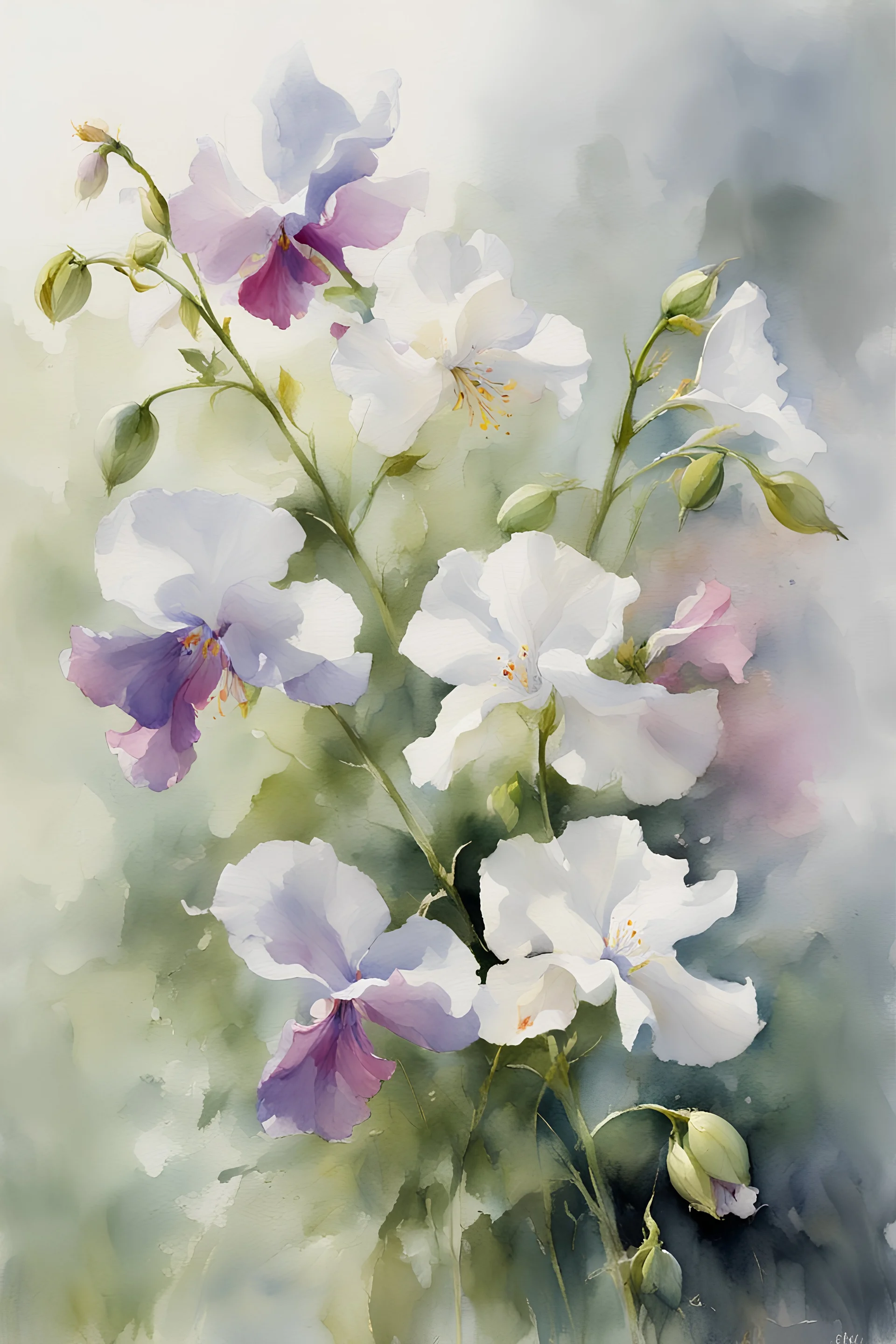 watercolor painting, by Richard Schmid, ((best quality)), ((masterpiece)), ((realistic, digital art)), (hyper detaile), watercolor painting, Masterpiece, intricate details, Willem Haenraets style, intricate details, sweet pea flowers, white background, vivid coloring, some splashes