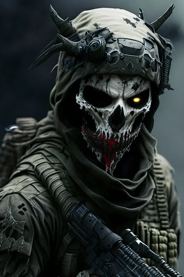 A soldier in the game modern warfare, he wears a skull mask with horns that covers his eyes. The lower half of his face is covered by a mask with a bloody fanged grin. He is a sniper, but can also run point. His call sign is Wraith. Couple