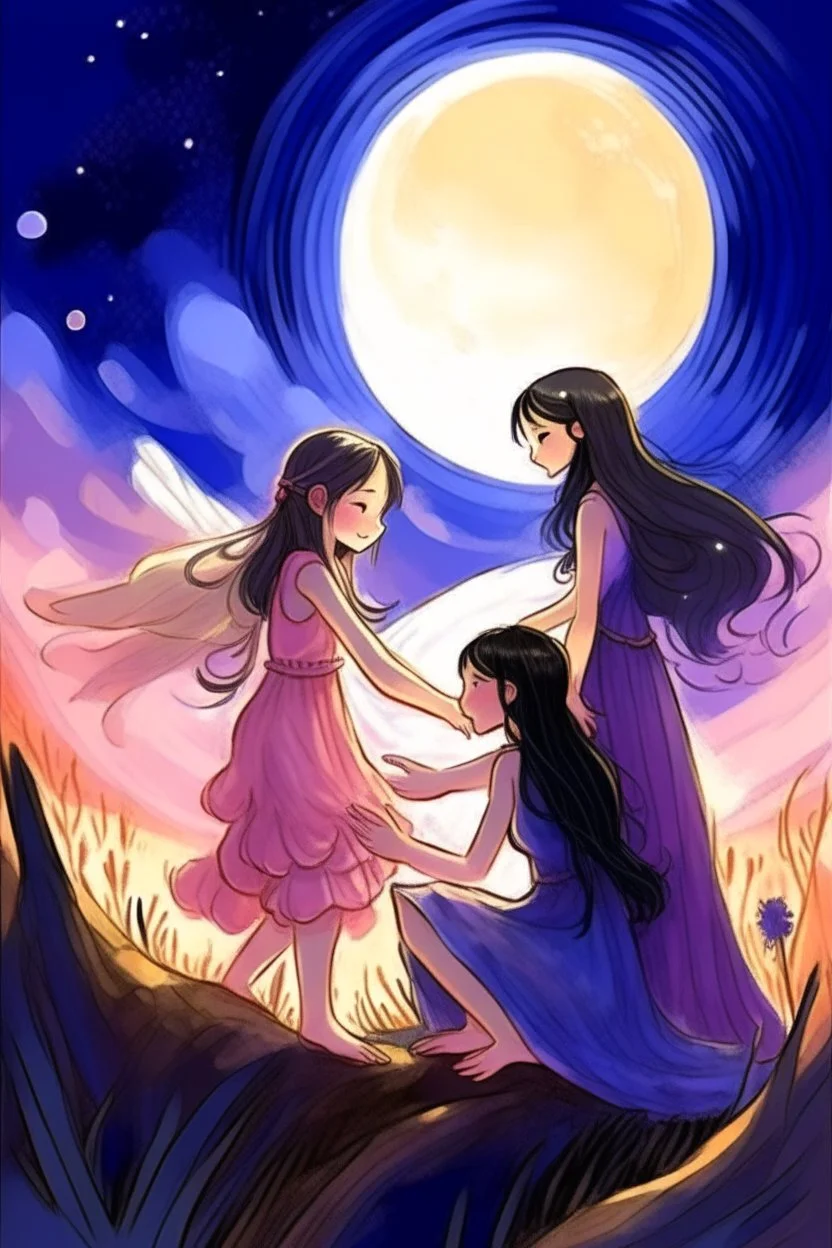 İki yakın arkadaş(iki küçük kız) biri pembe ve diğeri mor elbise giyiyor mor elbiseli oturan pembe elbiseli kıza yardım ediyor arkaplan olarak ay ve güneş karışımı bir gezegen