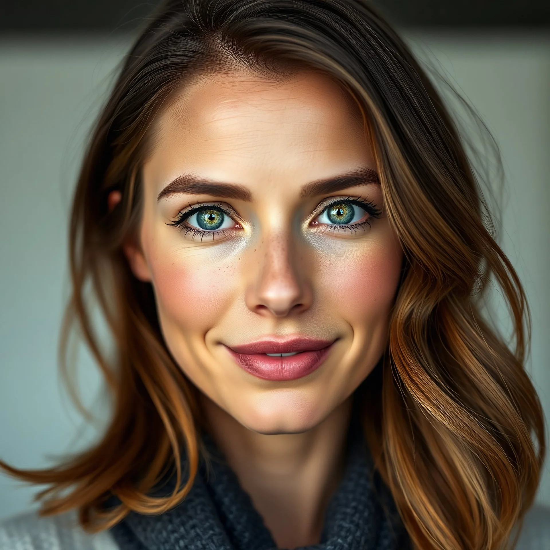 Create an ultra-realistic image of a 30-year-old American woman. She has medium-length, slightly wavy chestnut brown hair with natural highlights that frame her face. Her skin is fair with a soft glow, subtle freckles across her nose and cheeks, and a warm undertone. Her eyes are a striking shade of green with naturally long lashes. She has well-defined features, including high cheekbones and a sharp jawline. Her expression is calm and confident, with a slight smile on her lips. She is wearing a