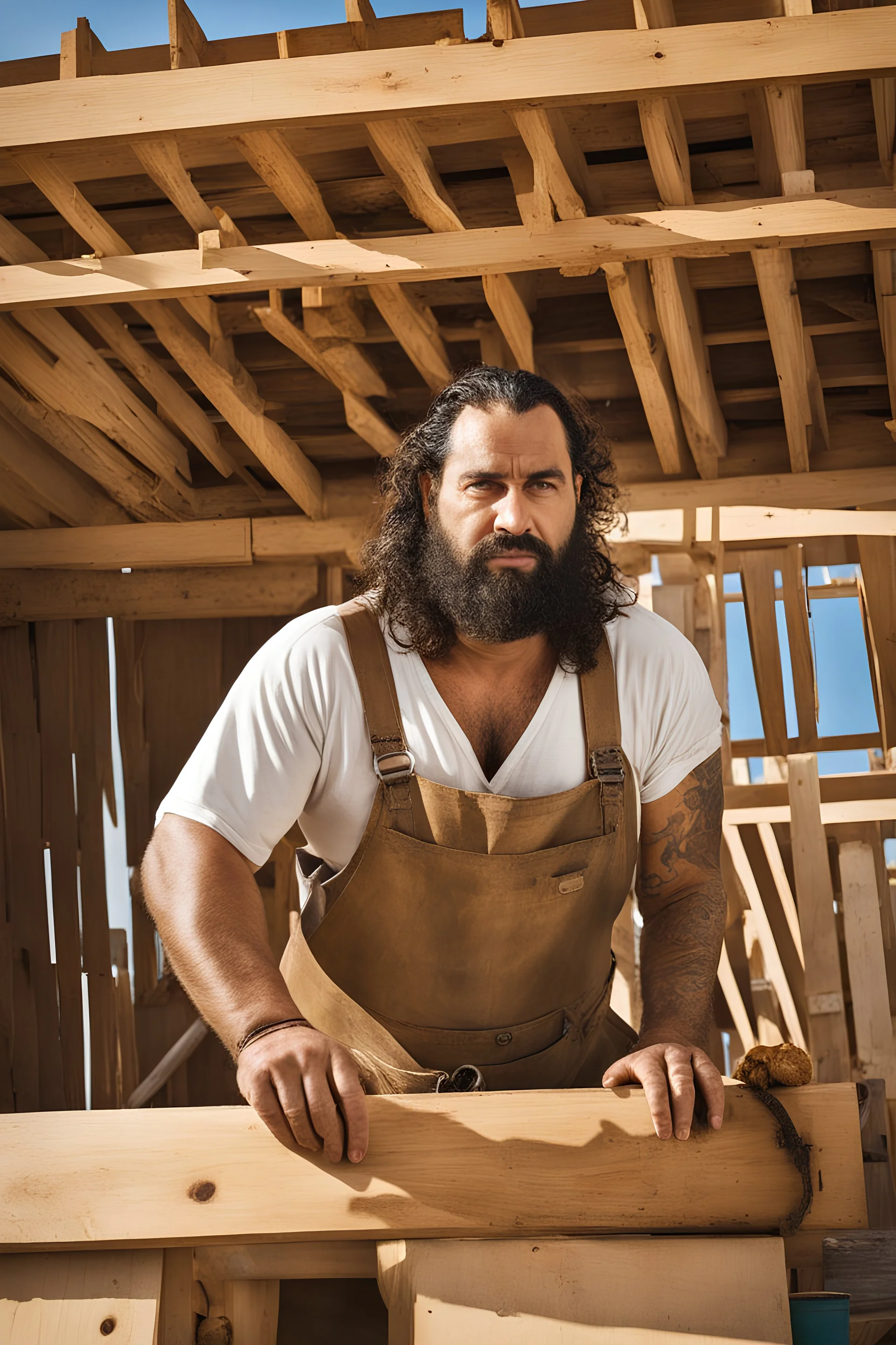 half figure shot photography of an ugly 40 year old stocky big chubby robust burly arab carpenter working on the roof, dirty, wet, tattoo,wearing bulging overalls, shirtless, hairy chest, serious, very virile, long beard, curly hair,, , in a sunny construction work area, photorealistic , photorealistic