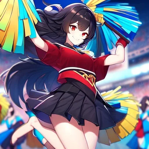 Clear focus, High resolution, long black fluffy hair, red eyes, chopped bangs, wearing a cheerleading outfit, jumping, wearing a skirt, legs together, smiling, Extreme Close up of eyes