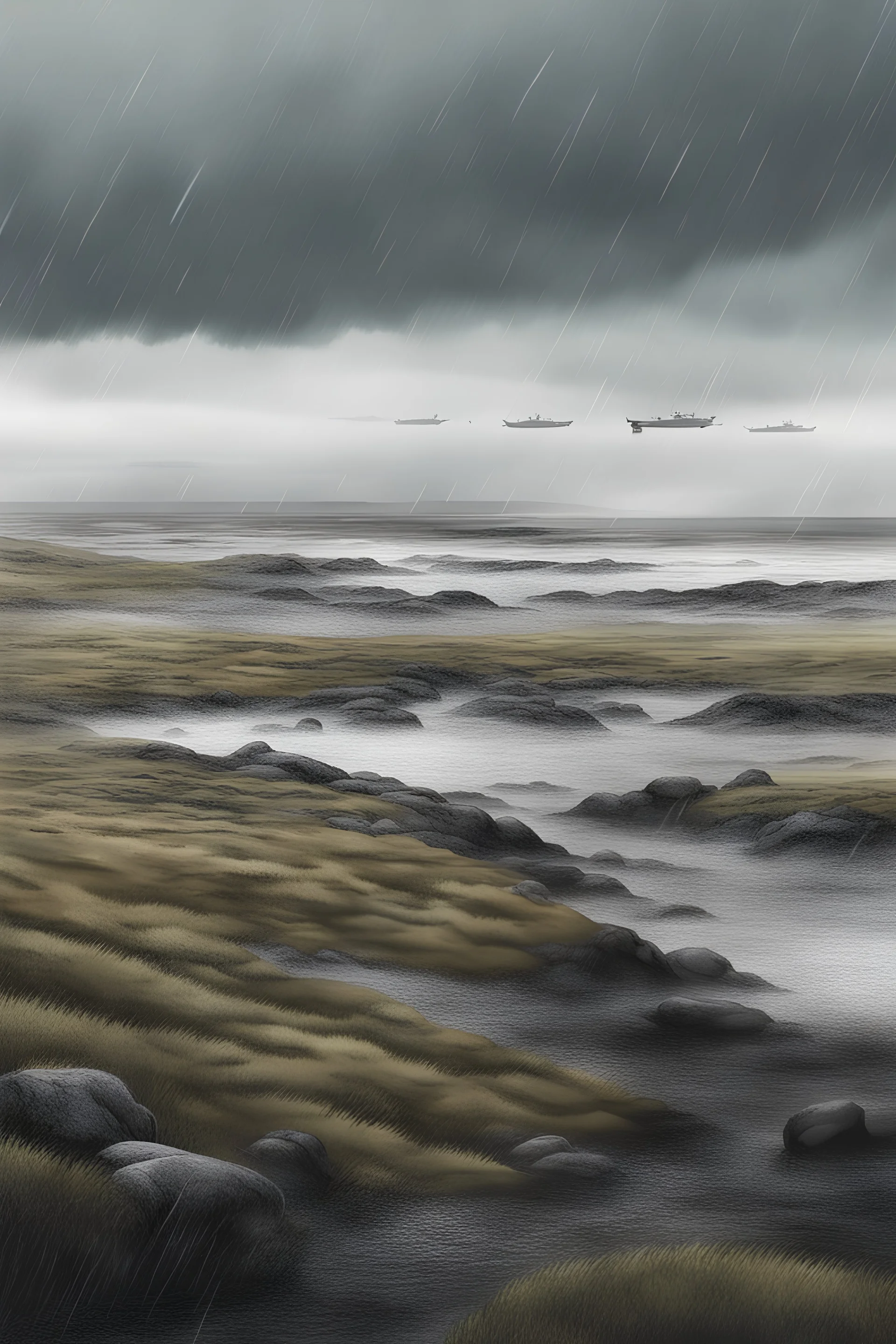 Paisaje de una guerra con soldados tristes y desolados. Clima frío y lluvioso. Ilustración de islas Malvinas.