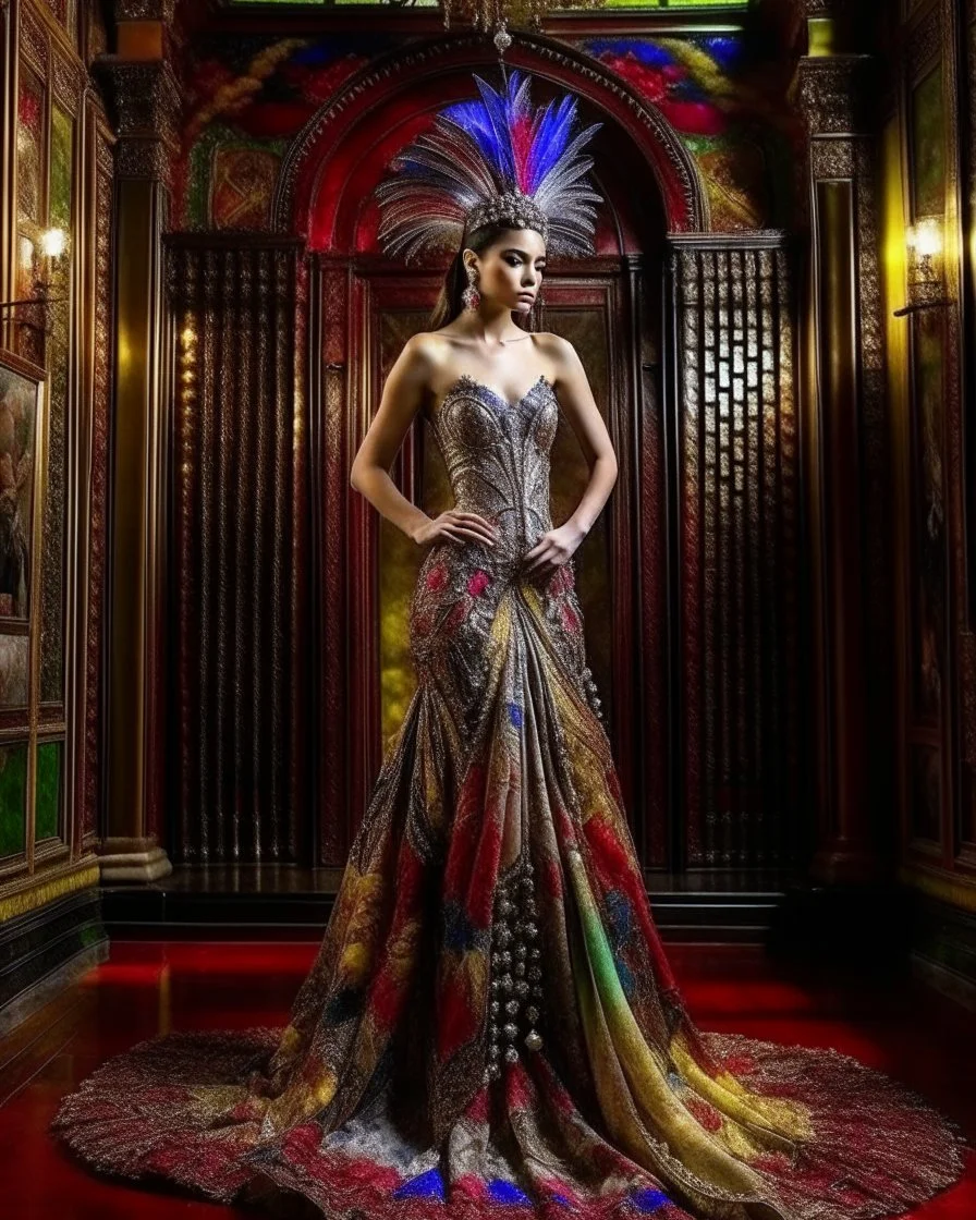 📷 👸 Realistic Photographs full length image full body A Beautiful Pretty Queen sweet stand with adorned with elaborate patterns and motifs. The design should incorporate vibrant colors, such as reds, blues, yellows, and purples, creating a stained glass effect. The figure should have elements that resemble feathers or leaves radiating from the head,luxurious palace background