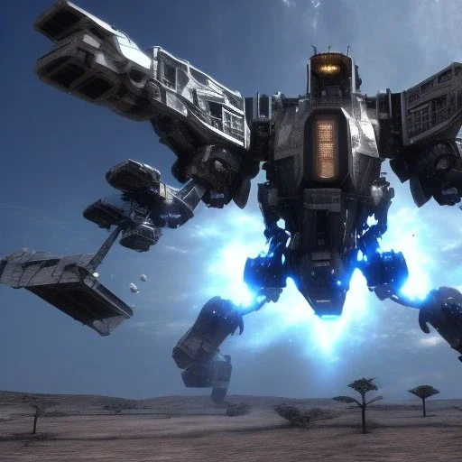 Armored Core machine robot fights another Armored Core fly in the sky in the desert with the ocean where you can see the space in the sky with the night on the horizon, 4k resolution