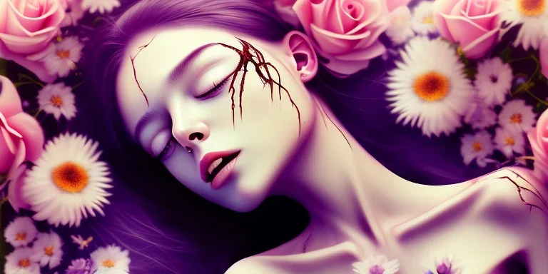 dead girl buried in flowers, beautiful, eyes closed, laying down, decapitated head