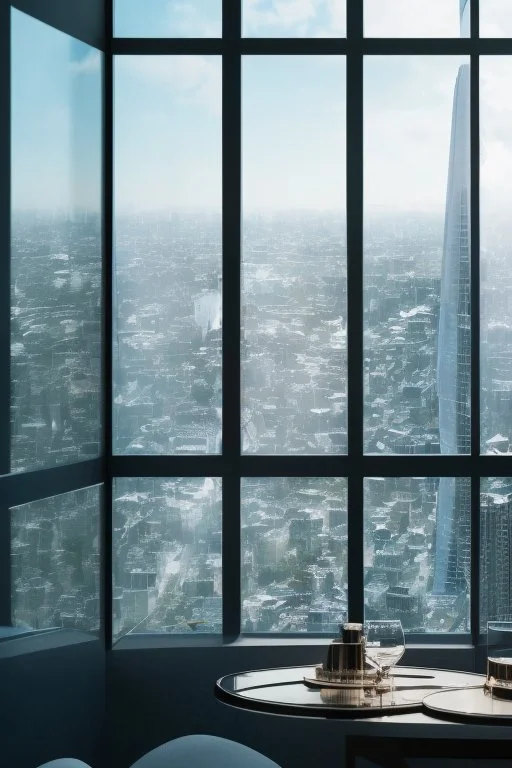 very close up of a very big luxury wrist watch with dark mirror glass stands on table in balcony skyscraper and reflects modern city environment image , to the camera ,centered.