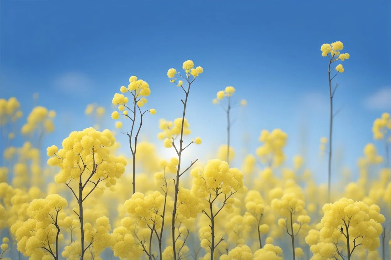 blue sky for top half, across Middle is canola flowers with canola stems branches and leaves below, realistic