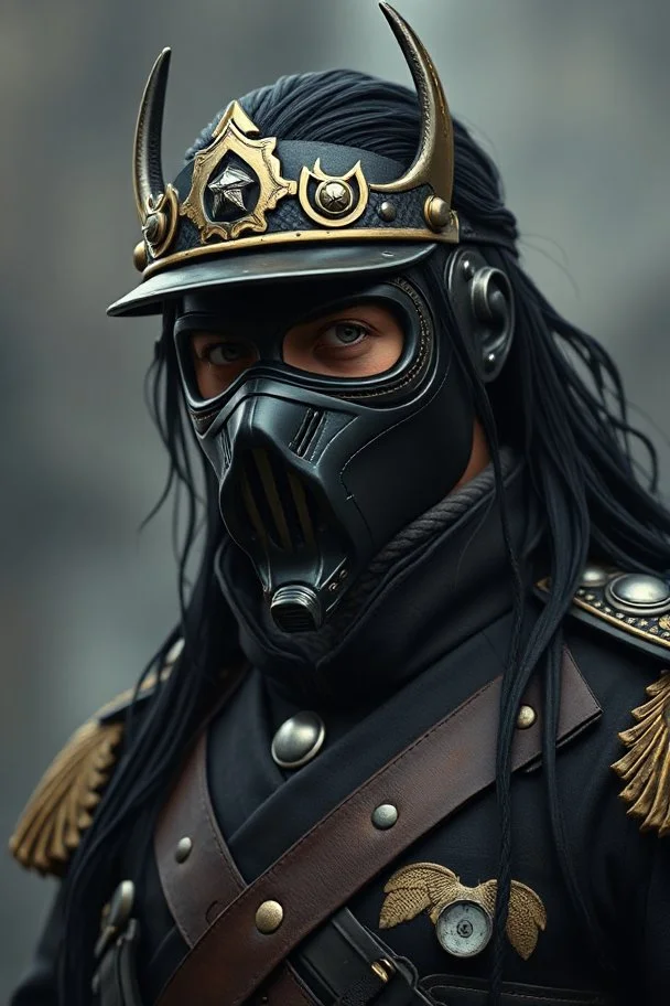 ZORRO with his mask , a High Commander of a Dieselpunk utopia in a ww2 military dress, up close, fantasy, High details, realistic design, dark vibes, 8k, male, long black hair