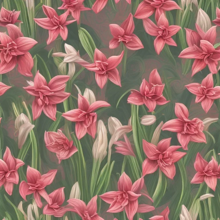 A highly detailed oil painting of intricate Amaryllis flowers, seamless pattern, Baroque