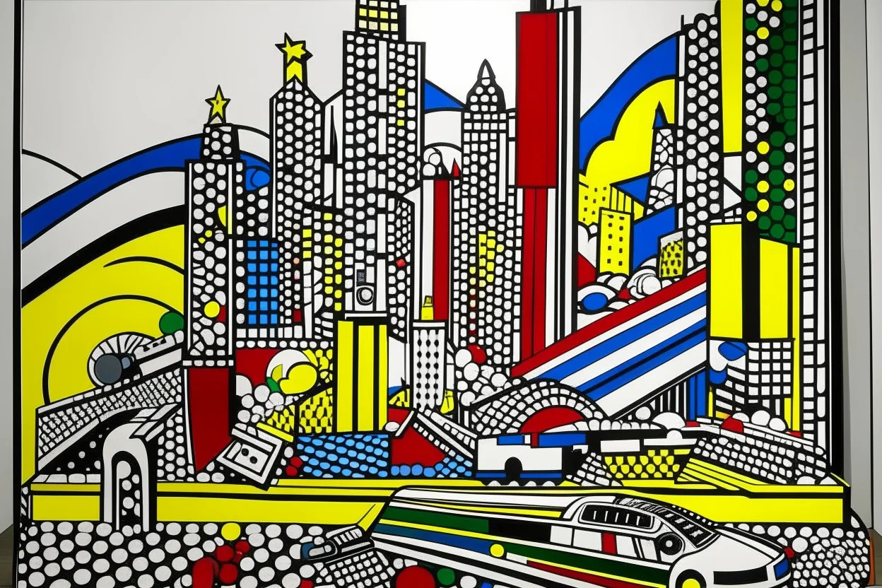 A noisy town made out of toys painted by Roy Lichtenstein