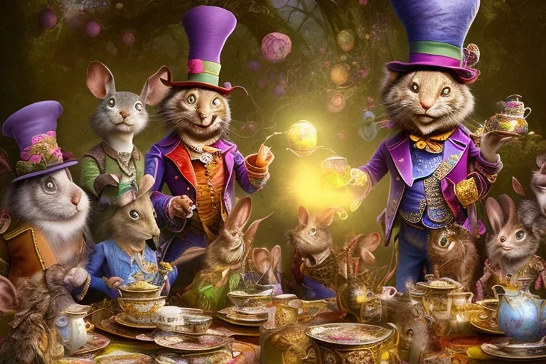 the mad hatter's tea party, long table, the march hare, the mad hatter, field mouse, alice, the cheshire cat, alice in wonderland, signpost pointing in different directions, orbs of light, tea pot, teacup, film still