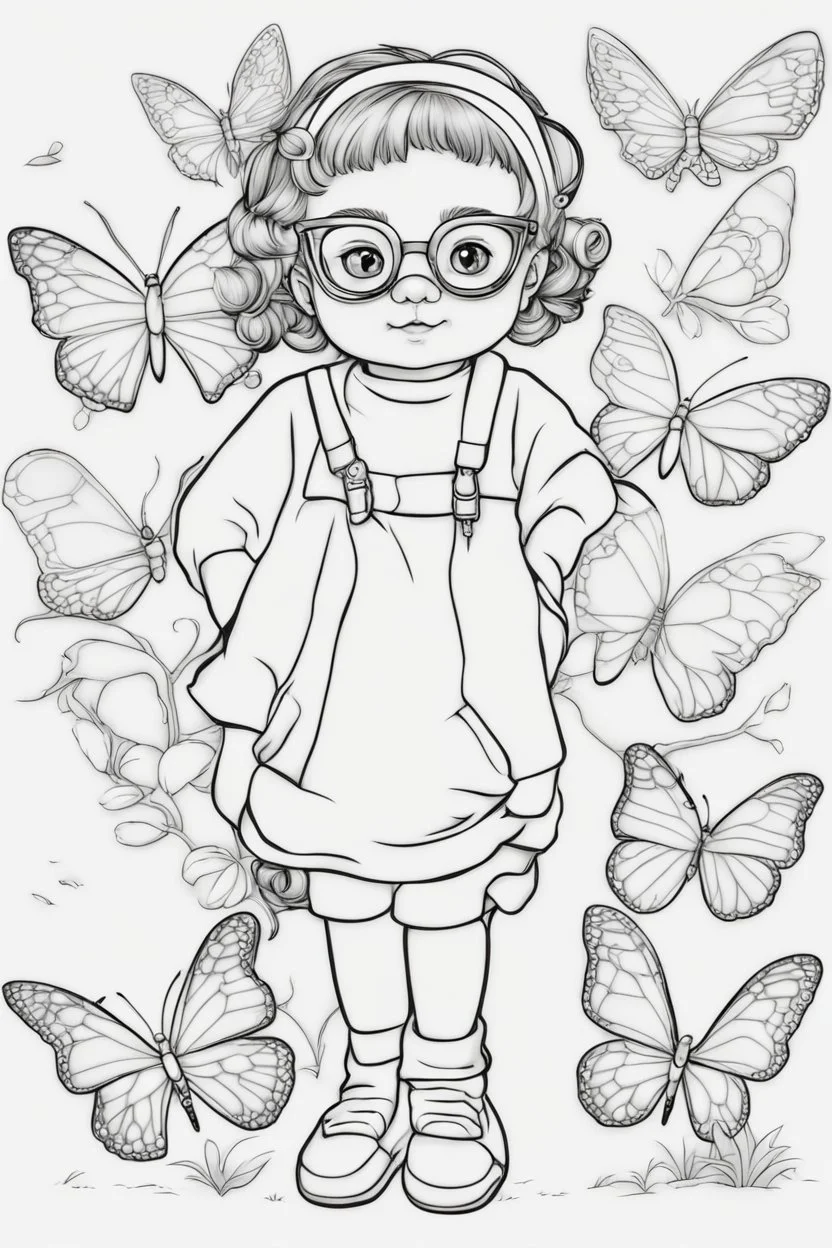 Outline art for cute coloring pages with butterfly with glasses, full body, white background, sketch style, only use outline, clean line art, no shadows and clear and well outlined.