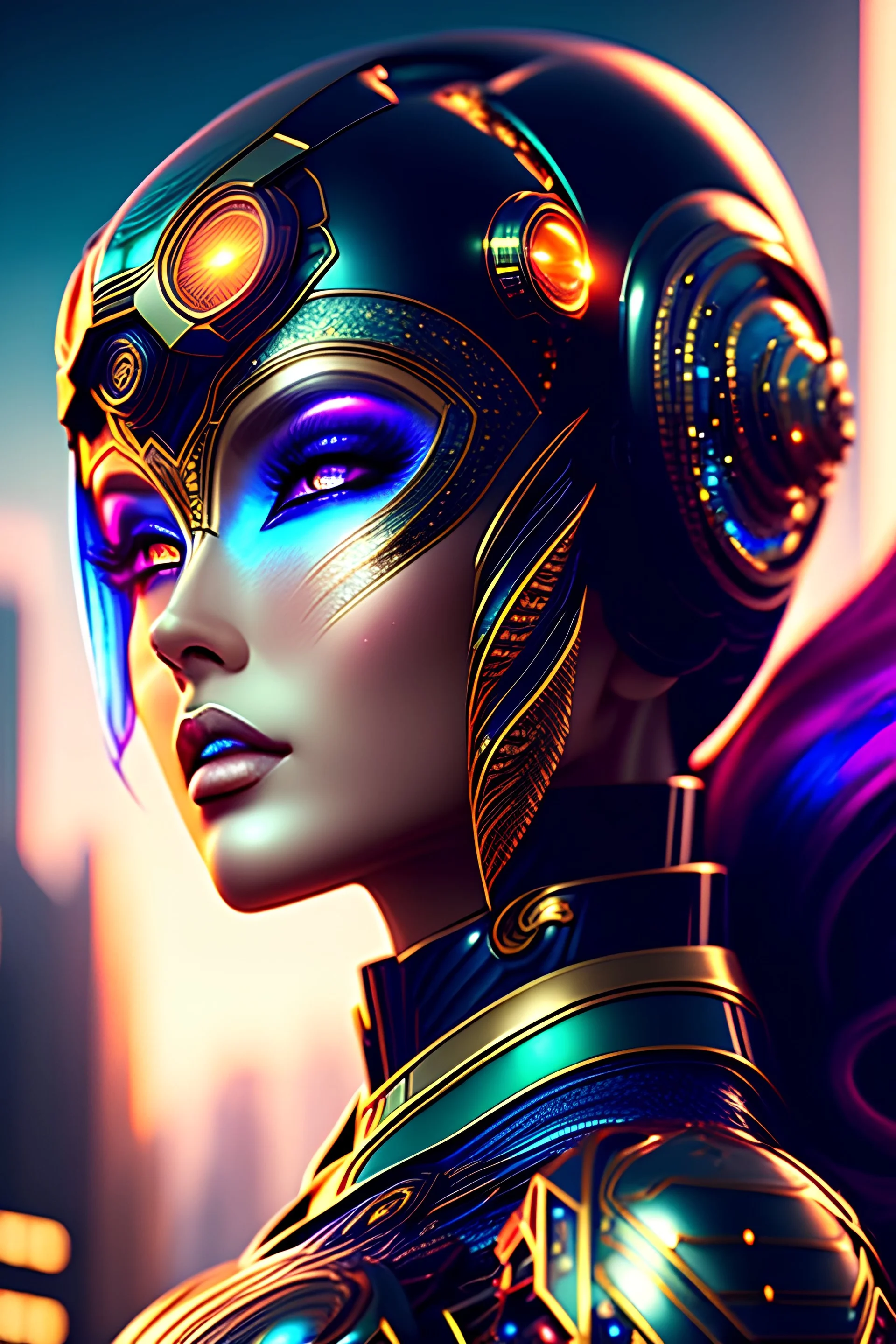 Mera, Cyborg, portrait, 8k resolution, intricate details, ornate details, soft lighting, vibrant colors, retroanime, masterpiece, intricate eyeliner, dark eyeshadow, eyes, futuristic cityscape background,