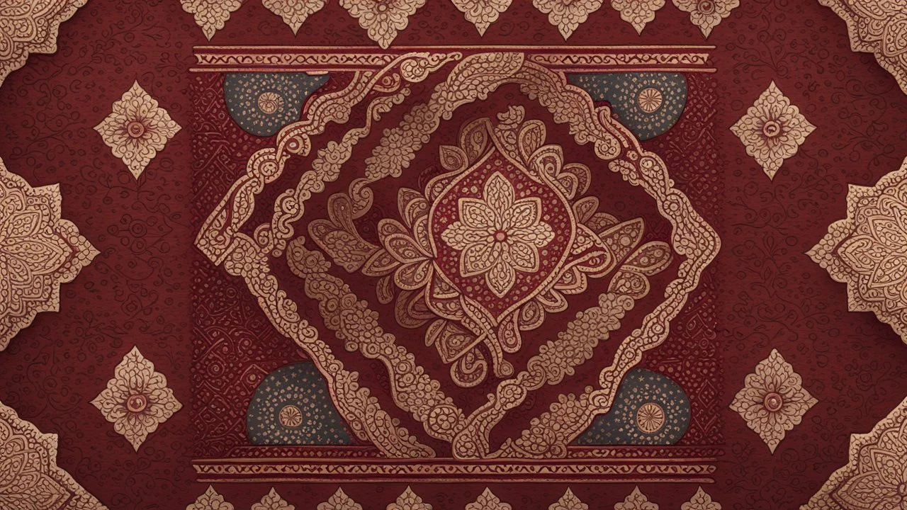 Hyper Realistic Detailed Traditional Ajrak-Fabric-Design on Rustic-Grungy-Maroon-Background