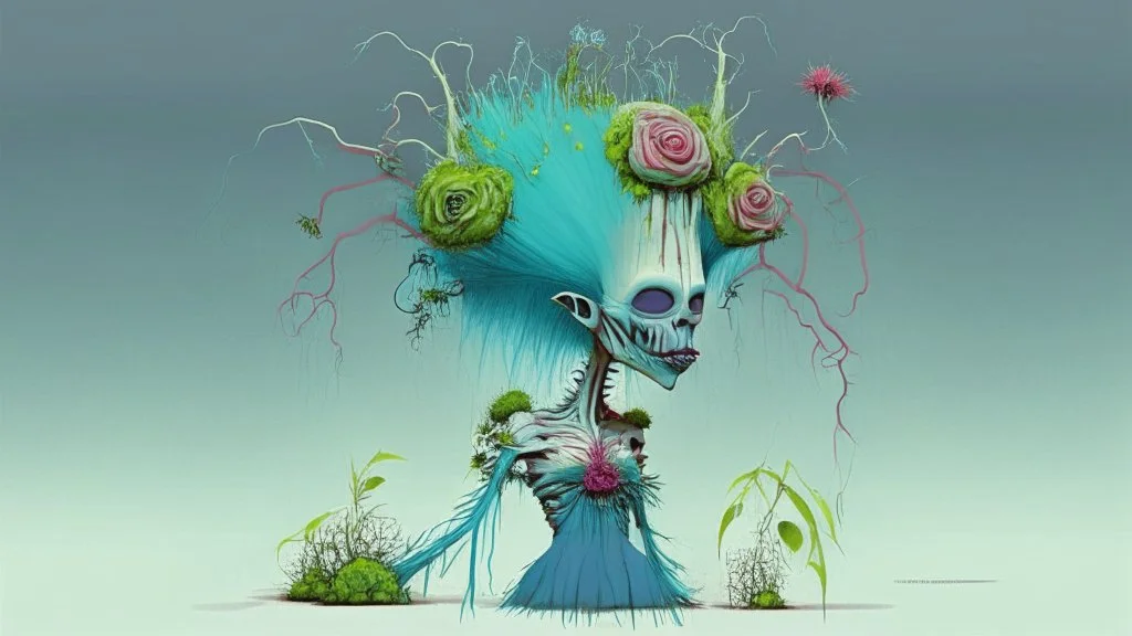 Partially skeletonized troll doll in ceremonial dress for getting married with plants growing from the top of her head; Alex Pardee; surrealism