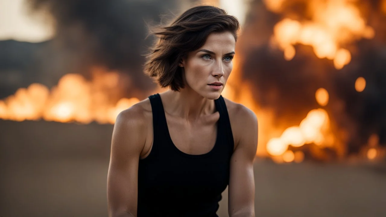 beautiful slender caucasian female technician, black tank top, well toned muscles, weathered face, scratched sand camo metal details, short brunette wavy bob haircut, dystopian, desert scene, being hit by a bullet, explosions in background