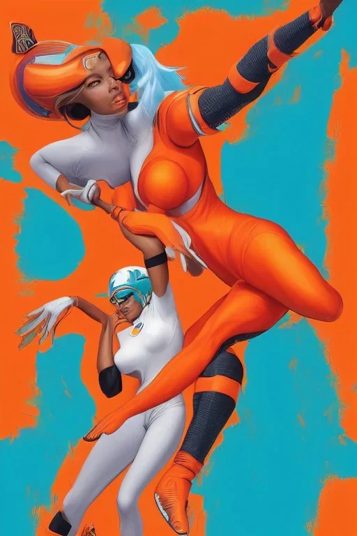 Miami Dolphins-themed beautiful perfect female superheroine orange and teal skin-tight costume CopticArt Afrofuturism Style of Elle Magazine Reisha Perlmutter Leng Jun Stan Lee Joseph Ducreux Kehinde Wiley Boris Vallejo Jeff Koons photorealistic portrait painting street art 64 megapixels Pixar, Disney 3d digital art, Maya 3D, ZBrush 3D shading dynamic lighting iridescent