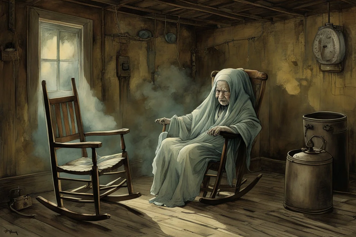 Super creepy ghost, Ghostly transparent ethereal gossamer see through gauzy old grandmother ghost in a rocking chair in a old basement, decay detrius, creepy antique water heater, by Jean Baptiste Monge, by Juniji Ito, by Dave McKean, fantastic horror art, dramatic, kinetic, eerie primary colors, watercolor painting.