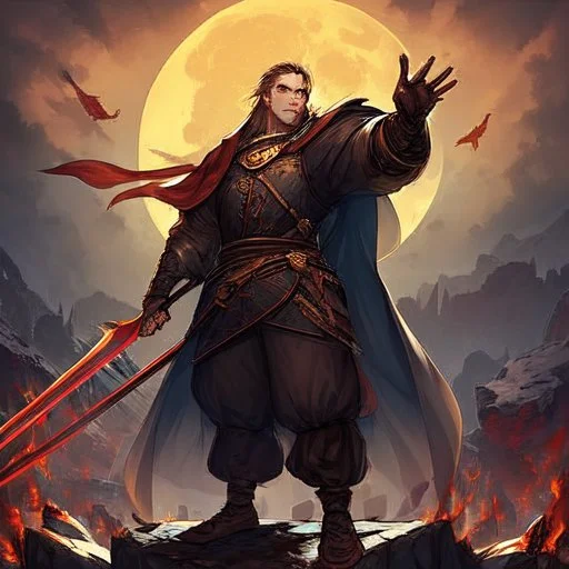 Sauron, the mighty lord of darkness, standing on a rock in the dark land of Mordor, a super-hero man of infinite power and technology of the galactic race, with a great army, a large moon disk behind him, and a fiery sword in his hand