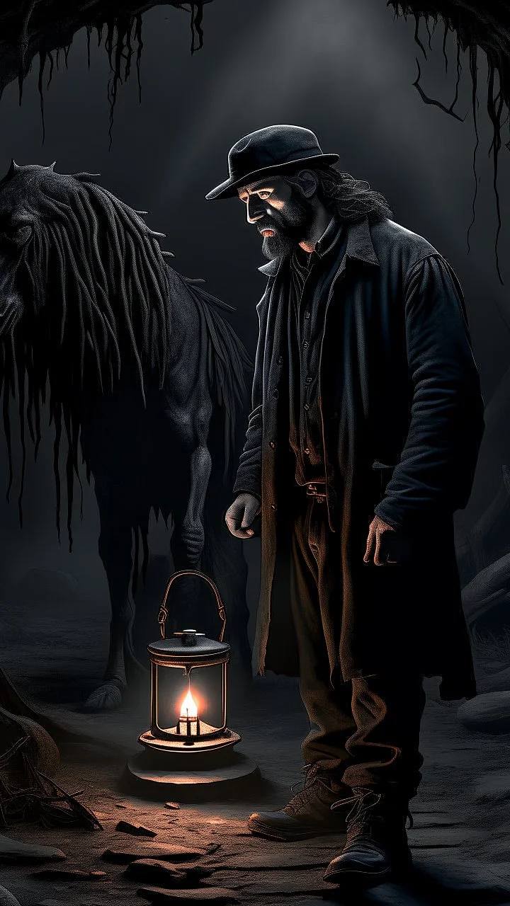 A man with oil lamp in a Coal mine.