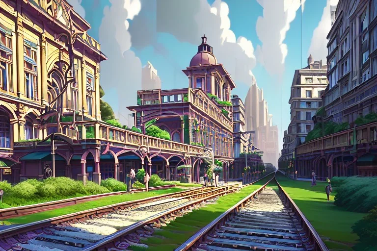 Train under elevatedsidewalk ,Vignola classicism garden roof,palladio,uphill road building ,Various colourful city,A beautiful,liveable street with beautiful Human scaled,mid raise building,green building,plants,tree,stairs,detailed facades,Eye level,hyperrealistic,photorealistic,4k,