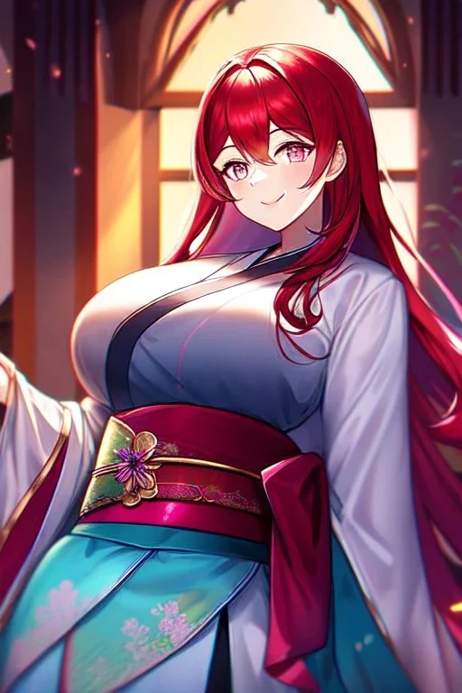 girl, masterpiece, best quality, cinematic lighting, detailed outfit, vibrant colors, perfect eyes, long hair, red hair, pink eyes, obi, smile, indoors,