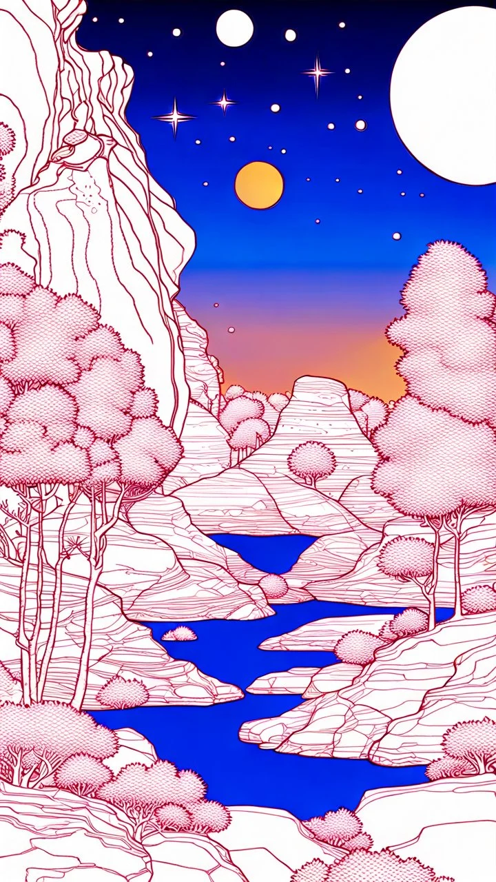 Peaceful, Egon Schiele, Max Ernst, night sky filled with galaxies, planets and stars, rock formations, trees, flowers, one-line drawing, sharp focus, 8k, deep 3d field, intricate, ornate, one million strokes, colored