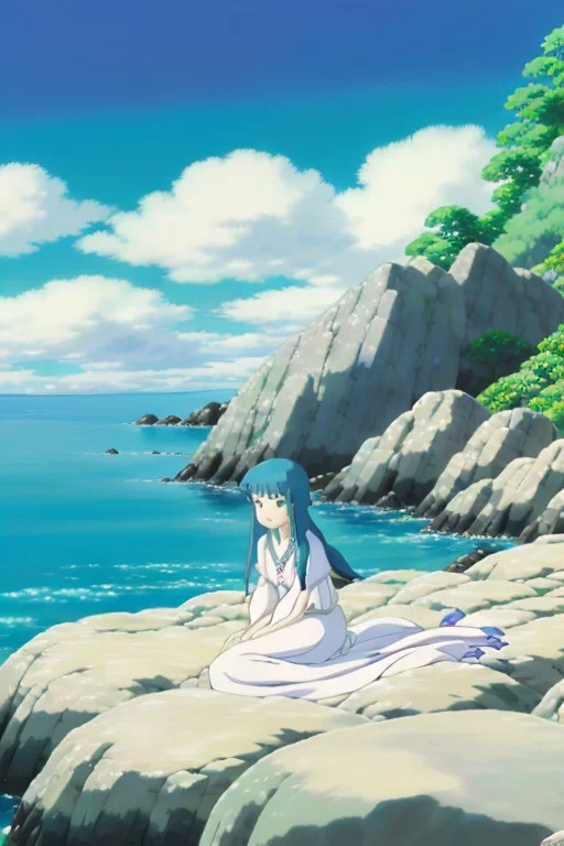 Female sea elf sitting on a rock with her animal friends, highly detailed, art by studio ghibli, laughing, picnic