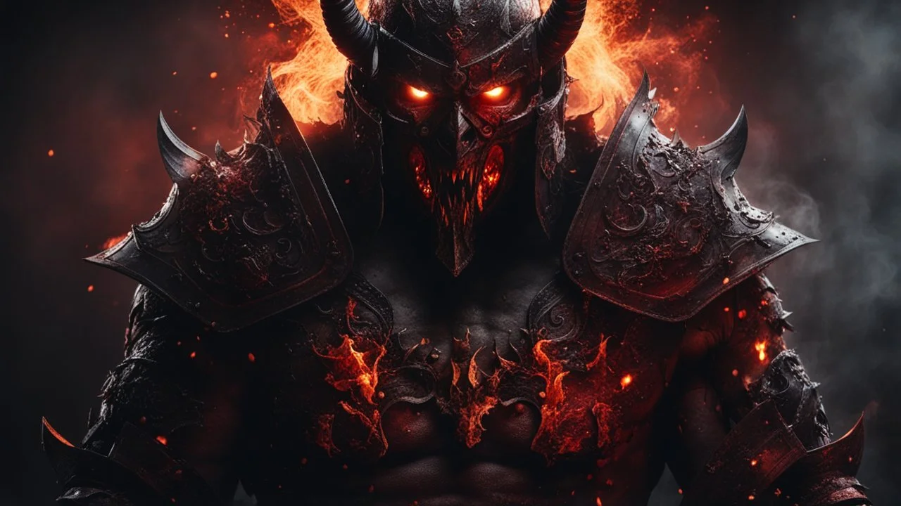 a warrior with broken bones sticking out of his chest. his eyes are made of embers covered with smoke. he is fighting the demon orcus. dark horror setting. terrifying horror backgrund. blood, guts, gore. visceral.