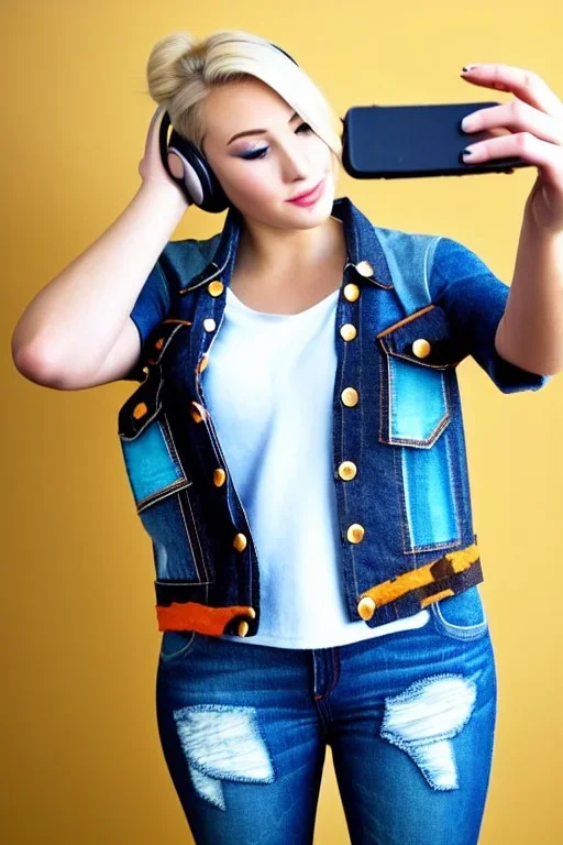 blonde taking selfie.thick thighs,thick calves,flat belly,curvy fell. NOVEL kind of bolero, which is sewed of recycled sliced Denim, which condescends with integrated bag[SIC]. It is sewed together of camouflage pieces, whose color are all denim colors, orange, cream, brown and purple. Big colored headphones (gold rings!) is merged with small felt cap with small visor. It is with big bright purple felt tippet and birght-colored-hood is merged with colorful beanie. Style: 1980's Finland