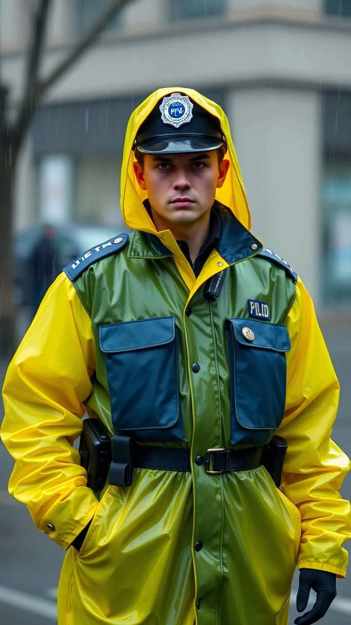 vintage retro nypd full body color policeman wtih heavy yellow rain transparent coat