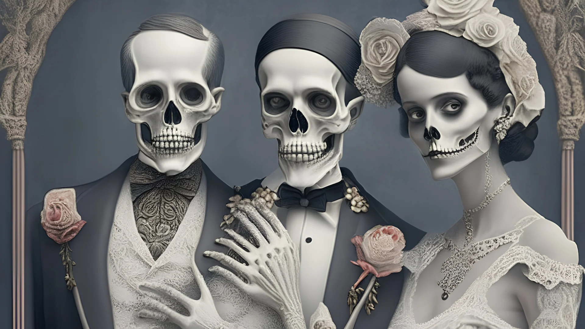 Famous Skeleton Couple Posing together wearing 1920's Hollywood Grandeur; Surreal, Intricately Detailed, Beautiful, Colorful, award-winning, high definition, ultra-detailed, beautiful, rose tones