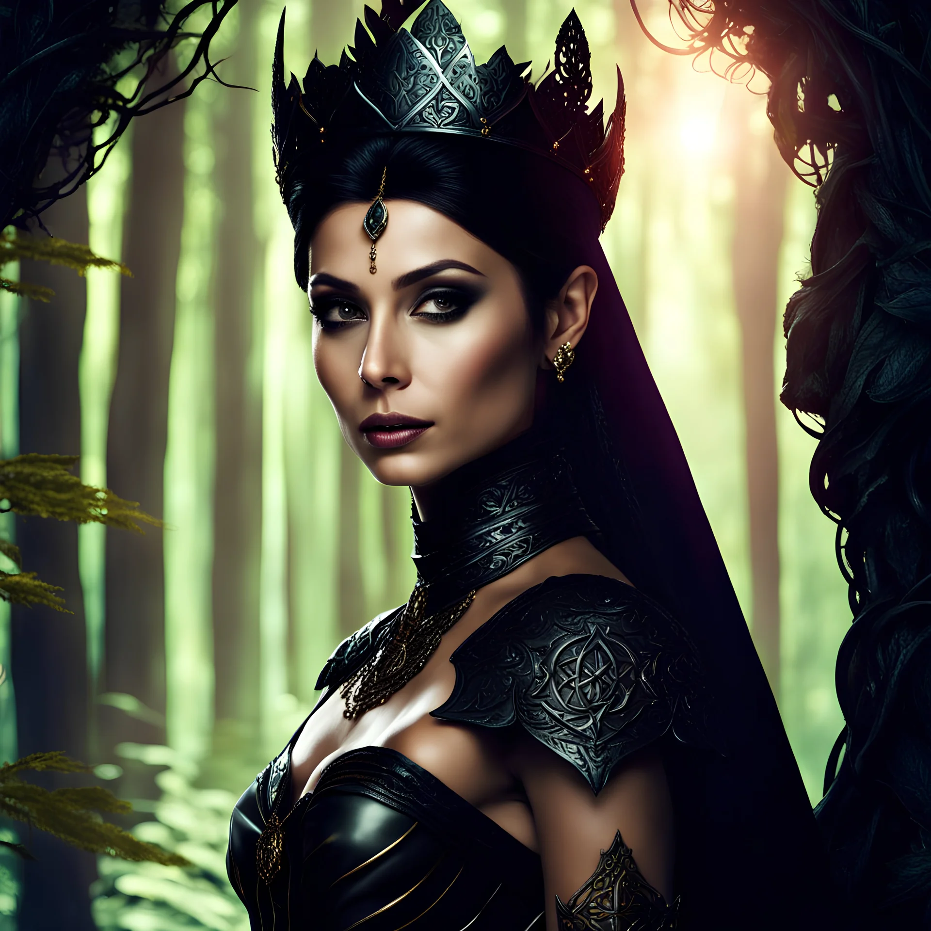 Morena Baccarin as a beautiful sexy dark elf queen seated elegantly on a throne in a mystical forest, dark celtic vignette frame, photo-realistic, cinematic lighting, award-winning photography